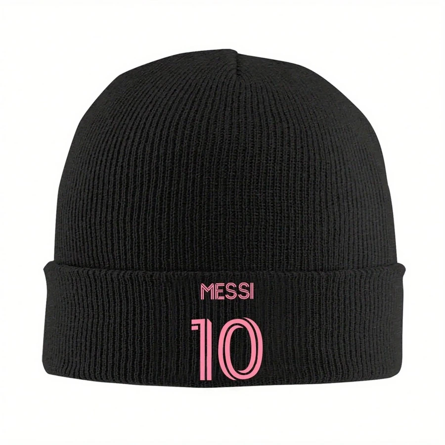 "Messi 10" Black Knit Beanie - Cozy Acrylic Winter Soccer Hat, Pink Embroidery, Hand-Washable For Men & Women, Cozy Winter Cap| Beanie|Handwashable Hat, Hat Beanie - Đen- - Xem 1