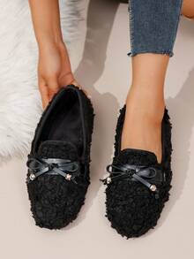 女士一脚蹬休闲运动平底鞋，时尚百搭舒适黑色蝴蝶结鞋，纯色绒面平底户外鞋，学院风 - 黑色 - 查看 6