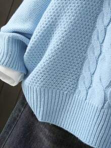 كنزة صوفية كاجوال فضفاضة مصنوعة من الصوف المنسوج بنمط كابل مجدول بياقة دائرية وأكمام طويلة منسدلة للمرأة البدينة - أزرق فاتح اللون - مشاهدة 5