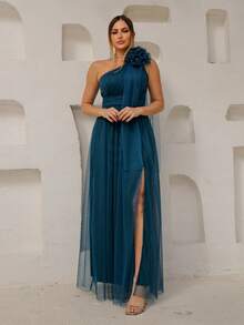 Long One-Shoulder Dress With Glittery Flower - Dark Green - View 2