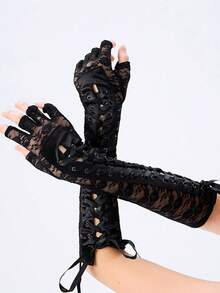 1 对蕾丝新娘手套，性感长款薄白色袖套，性感洛丽塔摄影道具配件 - 黑色綁帶 - 查看 3