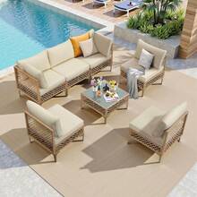 7-Piece Patio Furniture Set, Outdoor Wicker Conversation Set Sectional Sofa With Waterproof Thick Cushions & Coffee Table, For Backyard, Poolside, Garden, Porch, Yellow/Beige - Vàng/Be - Xem 8