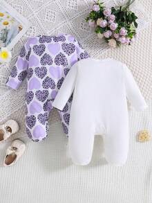 2pcs Baby Girls' Heart & Letter Print Long Sleeve Jumpsuit, All Season - Purple - View 2
