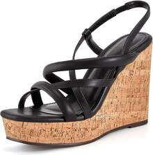 Women Platform Wedge Sandals Cork Slingback Wedges Espadrilles Heels Summer Fashionable Shoewear - Black - View 1