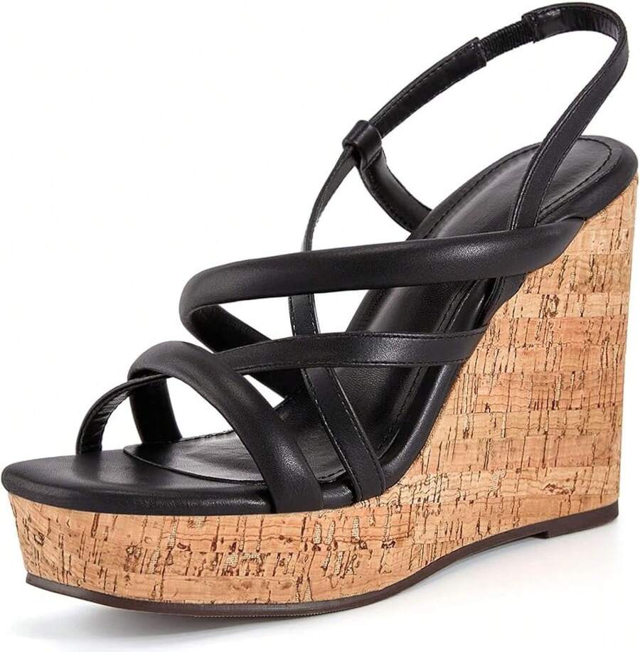 Women Platform Wedge Sandals Cork Slingback Wedges Espadrilles Heels Summer Fashionable Shoewear - Black - View 1