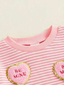 Sudadera de San Valentín para niñas pequeñas con bordado de corazón a rayas, corte holgado, informal, cuello redondo, manga larga - Rosa - Ver 5