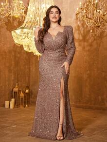 Váy dạ hội dài chấm đất hở lưng cổ chữ V sâu tay công chúa xẻ cao xếp nếp sequin - Cà phê nâu - Xem 6