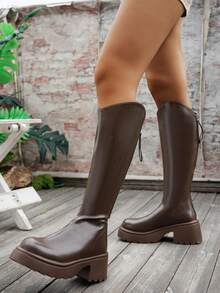 秋冬季V领粗跟弹力中筒女靴 - 棕色 - 查看 4