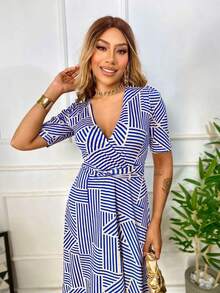Women's Casual Elegant Printed Dress In Romantic Fabric - 寶藍色 - 查看 5
