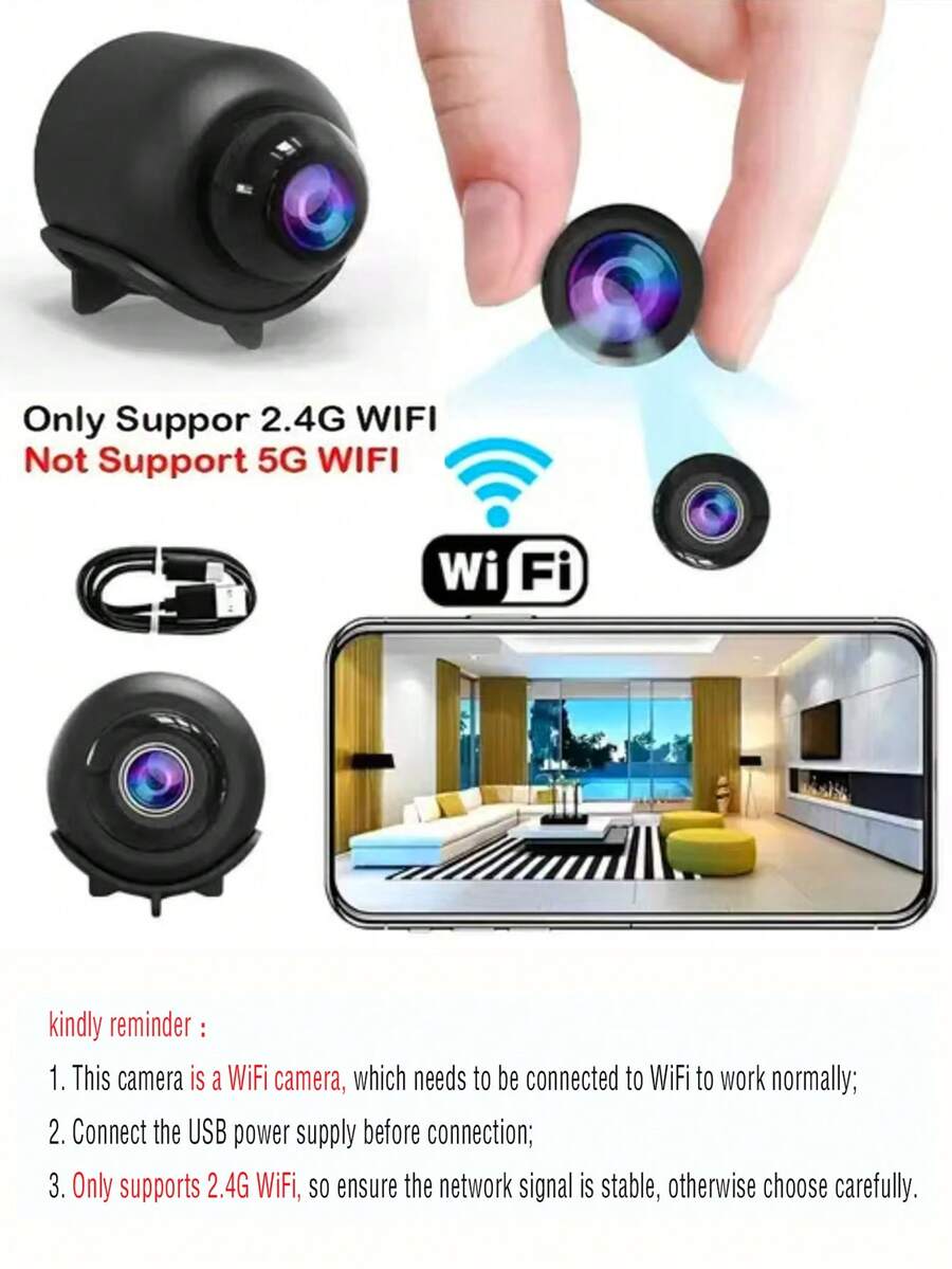 1 pieza/2 piezas Cámara mini HD 1080P, Cámara de para el hogar, Conexión WiFi inalámbrica, Visión nocturna, Detección de movimiento, Vigilancia portátil para el hogar - Negro - Ver 1