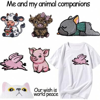 1 件戴着粉色蝴蝶结的高地牛/奶牛/法国斗牛犬/白色小猫/粉色小猪/贴纸、缝纫补丁、个性化 DIY 服装配饰、刺绣、缝纫、熨烫布贴、贴纸、徽章、衣服、鞋袋、装饰补丁、万圣节夏季、学校（为您带来意想不到的视觉效果）