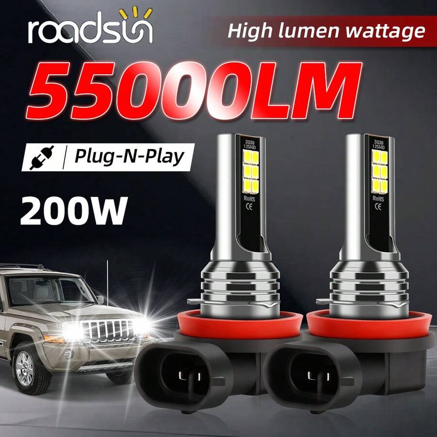2 个 9005/HB3 9006/HB4 H11 5202 6000K 白色 LED 大灯雾灯泡，200W 55000 流明超亮灯泡，不含电池，高功率 12SMD 芯片，CANBUS，无错误，亮度提高 800%，易于安装，即插即用，防水，使用寿命长