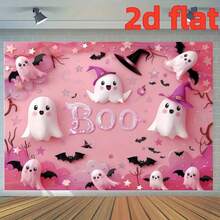 1 pièce Toile de fond de fête thème Halloween en rose "Boo", fantômes blancs mignons, chapeaux magiques roses, motifs de chauves-souris et d'étoiles. Cette toile de fond de fête convient pour la décoration murale intérieure et extérieure, les accessoires de studio photo, 210 x 150 cm