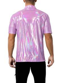 Mens Sequin Top 70s Outfit Disco Rave Party Collared T-Shirt Short Sleeve Breathable Metallic Shirthalloween - Pink - View 7