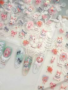 Beautizon Nailartlab 1张可爱兔子美甲贴纸，玫瑰花蝴蝶结图案，蕾丝樱桃兔3D立体浮雕闪亮美甲贴，易于粘贴的自粘圣诞美甲饰品，可爱兔子3D美甲贴纸 - 彩色 - 查看 2