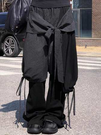 Women's Plaid Korean Style Summer Youthful Patchwork Tie-Up Casual Skirt