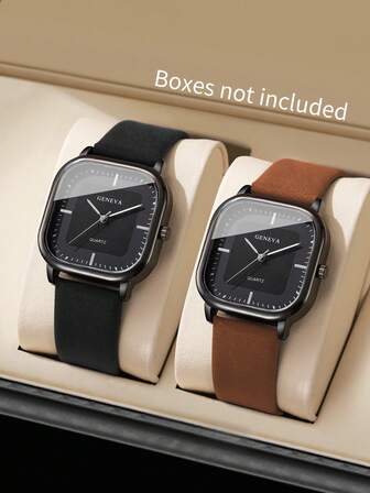 2pcs/Set Men's Gift Watch & Belt, Fashion Minimalist Square Dial Quartz Wrist Watch Combination Set (Watch Box Not Included)