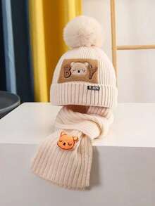 2pcs Teddy Bear Knit Hat & Scarf Set, Thick Warm Knitted Beanie, Suitable For Outdoor Use In Winter, Holiday Outfit, Comfortable Winter Holiday, Washable, Warm Fabric, Winter Accessory, Holiday Outfit Autumn Decor
