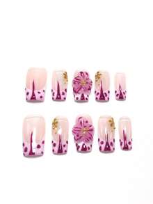 10 Pieces Made By Hand, 2.5 Cm Almond-Shaped Decorative Nails, Beach Essentials, Nail Patch, Press-On Nails, Nails, Supplies, Summer Nails, Press-On Acrylic Nails, Long Nails, Purple Flowers, Plants, Diamonds, Pearls, Three-Dimensional Styling, Gradient, Three-Dimensional Sculpture Modeling Glue, And Versatile, Punk, Suitable For Beach