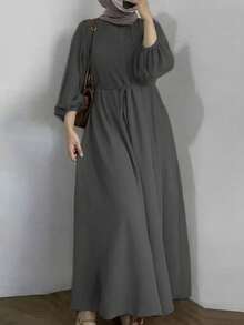 Arabic Style Long Sleeve Round Neck Maxi Dress, Made Of Comfortable Woven Fabric Eid Spring - Dark Grey - View 1