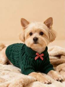 PETSIN 1 件柔软舒适的宠物狗休闲时尚服装，红白格子针织毛衣，带蝴蝶结领，适合春秋冬季泰迪、贵宾犬和小型犬、圣诞节、圣诞装饰 - 綠色 - 查看 1
