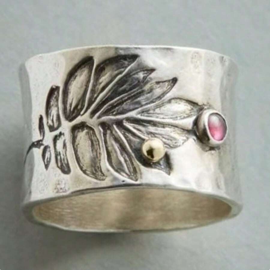 1 IBoho Retro Style Silver Carved Wide Ring With Pink Zirconia Inlay, Perfect For Daily Wear And Parties