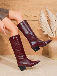 女式及膝靴，西式时尚百搭粗跟高跟尖头优雅靴子，适合假日穿着，酒红色、黑色可选，简约亮面 PU 皮革，秋冬 - 酒紅色 - 查看 3