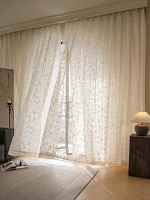 1pc Bird Branch Embroidered Mesh Sheer Curtain, Modern Embroidered Voile Curtain, Rod Pocket Design, Suitable For Living Room And Bedroom - Transparent And Light Filtering Curtain, Living Room Curtain, Bedroom Curtain, Holiday Party, All Season - Beige - View 1