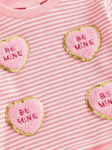 Sudadera de San Valentín para niñas pequeñas con bordado de corazón a rayas, corte holgado, informal, cuello redondo, manga larga - Rosa - Ver 6