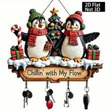 2D Flat Penguin Christmas Tree Key Hook With 4 Metal Hooks - Ideal For Holiday Wooden Wall And Porch Decor, Multipurpose Home And Villa Decoration, Making It An Excellent Choice For Christmas Gifts And Holiday Celebrations, Christmas Decor, Home Christmas Decoration, 2D Flat Design, No Electricity Required.