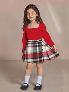 Anewsta 2pcs/Set Young Girl Christmas Outfit - Ruffle Crew Neck Red T-Shirt Top Paired With Classic Red & White Plaid Flannel Asymmetrical Skirt, Casual Daily Fashion, Suitable For Christmas & Other Occasions, Autumn/Winter