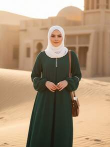 Fashionable Long Sleeve Abaya Dress, Casual Sequined Traditional Arab Clothing,Modest - Green - View 3