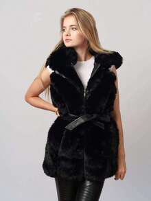 Gilet en fausse fourrure noire pour femme avec ceinture – Élégant et chaud, vêtement d'hiver de luxe sans manches - Noir - Voir 6