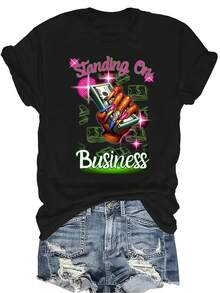 [Camiseta de moda casual] Camiseta de mujer suave y cómoda - Camiseta de manga corta de cuello redondo con estampado de agarre de efectivo empresarial, regalo perfecto para la abuela y la mamá, uso casual de primavera y verano - Negro - Ver 1