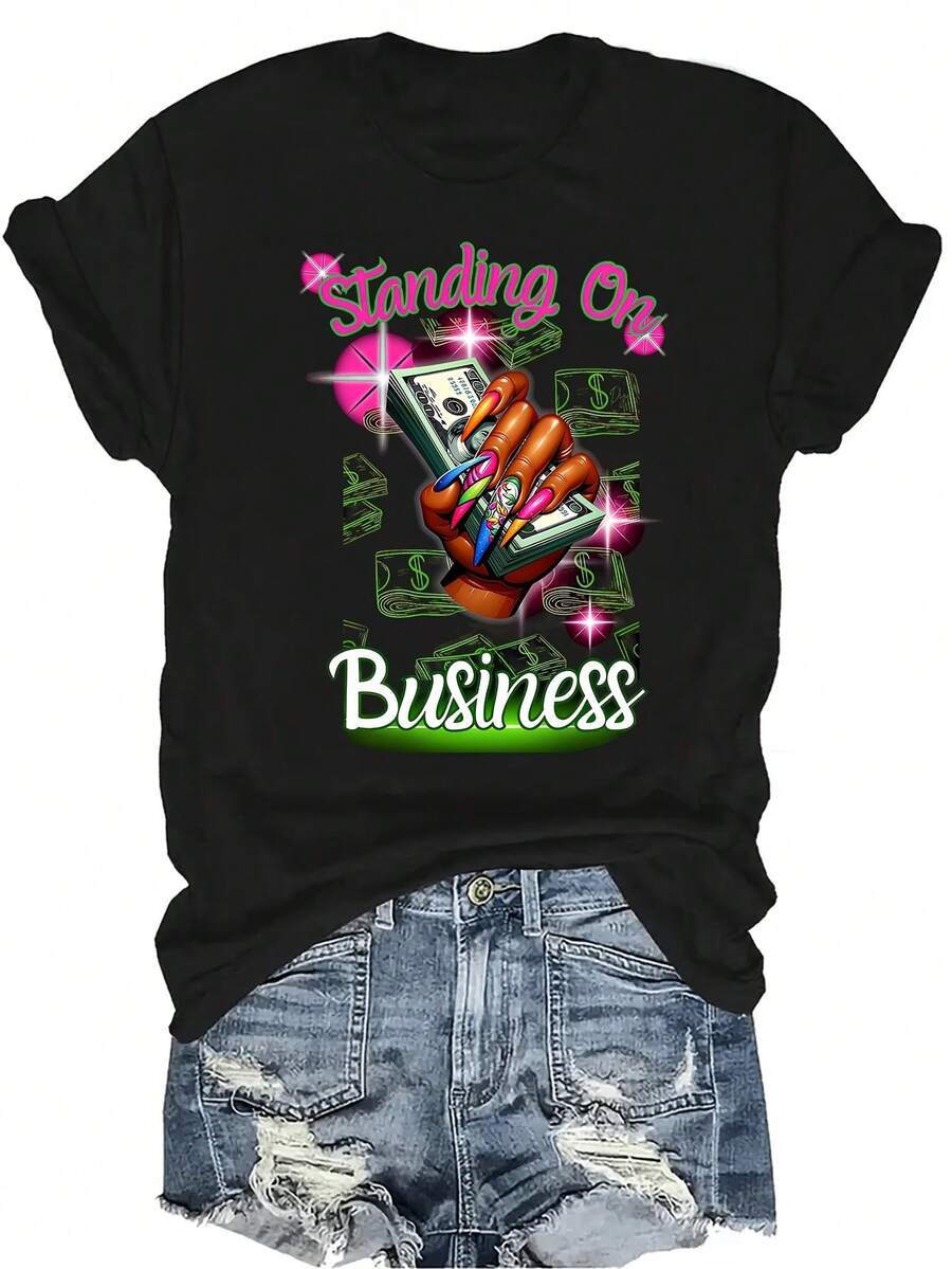 [Camiseta de moda casual] Camiseta de mujer suave y cómoda - Camiseta de manga corta de cuello redondo con estampado de agarre de efectivo empresarial, regalo perfecto para la abuela y la mamá, uso casual de primavera y verano - Negro - Ver 1