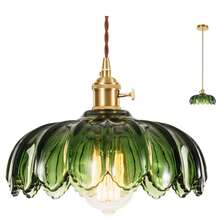 Vintage Green Glass Pendant Light - Flower - Shaped Hanging Lamp With Brass Accents For Bedroom, Living Room, Dining Room & Kitchen - Green - View 2
