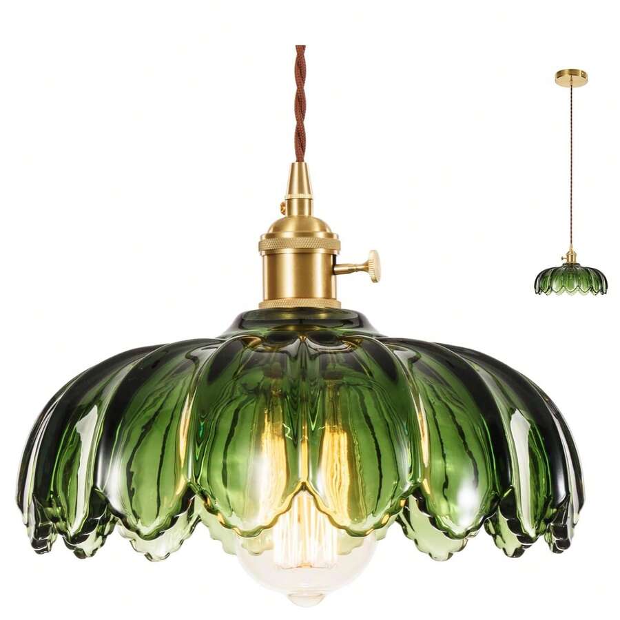 Vintage Green Glass Pendant Light - Flower - Shaped Hanging Lamp With Brass Accents For Bedroom, Living Room, Dining Room & Kitchen