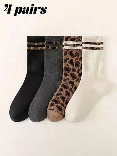 4 Pairs Unisex Leopard, Striped, Solid Color Mid-Calf Socks - Minimalist, Comfortable, Casual - Suitable For Autumn/Winter Daily Wear, Sports, And Collegiate Style Outfits