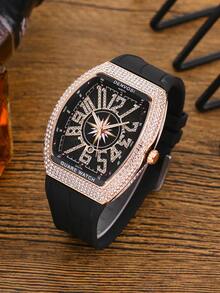 1 件男士奢华星空桶形手表，配硅胶表带 - 黑金色 - 查看 9