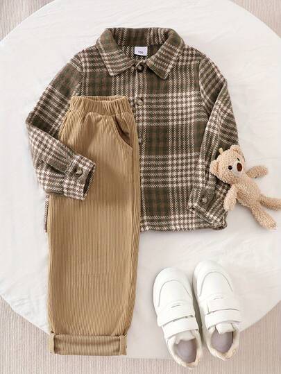 2pcs Boys Casual Plaid Long Sleeve Button-Up Shirt Jacket + Corduroy Solid Color Cargo Pants/Sweatpants Set, Boys Spring Autumn Outfit