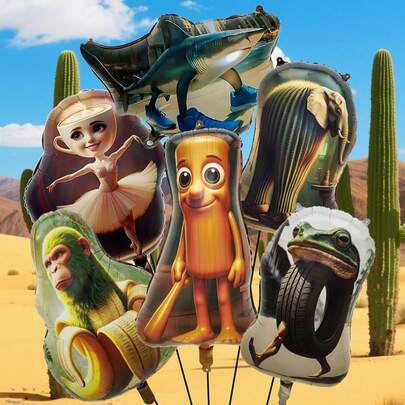 巨型木偶抽象派对铝箔气球套装，脑腐主题铝箔气球，米色五角星铝箔，米色雏菊，黑色气球丝带，意大利脑腐设计，必备派对装饰，生日庆典装饰，适用于生日派对装饰、主题派对背景、摄影道具、万圣节、圣诞节礼物、房间装饰