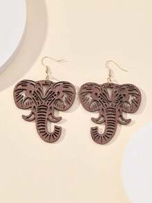 1 Pair Hollow Animal Elephant Design Drop Dangle Wooden Earrings, Casual & Unique For Women - Brown - View 3
