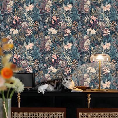 لفة واحدة من ورق الحائط اللاصق البوهيمي، 17.32*118.11 بوصة، بنمط أوراق النباتات والزهور الاستوائية، ورق حائط قابل للإزالة ومقاوم للماء، ديكور منزلي أخضر داكن مثالي للمطبخ وغرفة المعيشة والنوم والحمام، تجديد أثاث الخزانات والطاولات، ديكور غرفة طبيعي، ورق حائط فني حديث