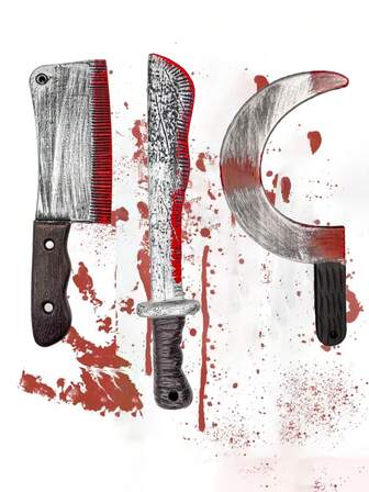 3 st Halloween-rekvisita Blodig machete Kökskniv Böjd knivset Plastsimulering Med Blodiga Rekvisita Lämplig För Upptåg Dans Föreställningar Fester Presenter