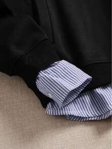 男士休闲条纹拼接纽扣领长袖polo衫，适合春秋季穿着