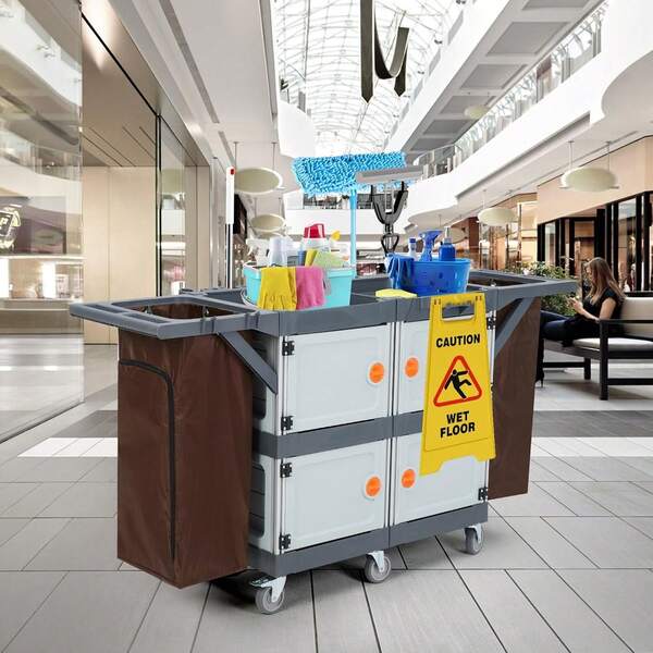 Carro de limpieza comercial con 4 armarios, 3 estantes y bolsa grande de vinilo. Carro de servicio con 6 ruedas y capacidad de 100 kg para hoteles, oficinas y hospitales.