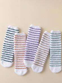 5 Pairs Of New Autumn And Winter Coral Fleece Socks, Non-Pilling, Warm Color Stripes, Anti-Slip Silicone, Thickened Floor Socks, Sleeping Socks