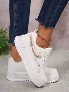 1 Pair Women's Pink Thick Sole Round Toe Cute Comfortable Casual Sneakers, Embroidered Faux Pearl Chain Decor, Size 36-41 (Run Small) - White - View 5