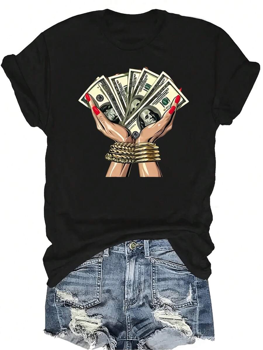 [Camiseta de moda casual] Camiseta suave y cómoda para mujer - Camiseta de manga corta de cuello redondo con diseño de agarre de dinero, regalo perfecto para la abuela y la mamá, uso casual de primavera y verano - Negro - Ver 1