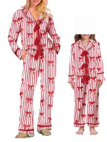 Mommy And Me Matching Pajamas Bow/Heart Print Tie Front Long Sleeve Tops And Long Pants Set Family Matching Sleepwear - Đỏ - Xem 6